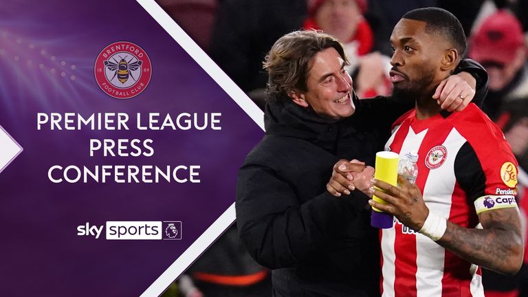 Brentford's Ivan Toney and manager Thomas Frank celebrate the win after the Premier League match at the Gtech Community Stadium, London. Picture date: Saturday January 20, 2024.