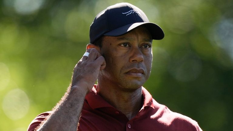Tiger Woods walks to the green on the fifth hole during final round at the Masters golf tournament at Augusta National Golf Club Sunday, April 14, 2024, in Augusta, Ga. (AP Photo/Charlie Riedel)