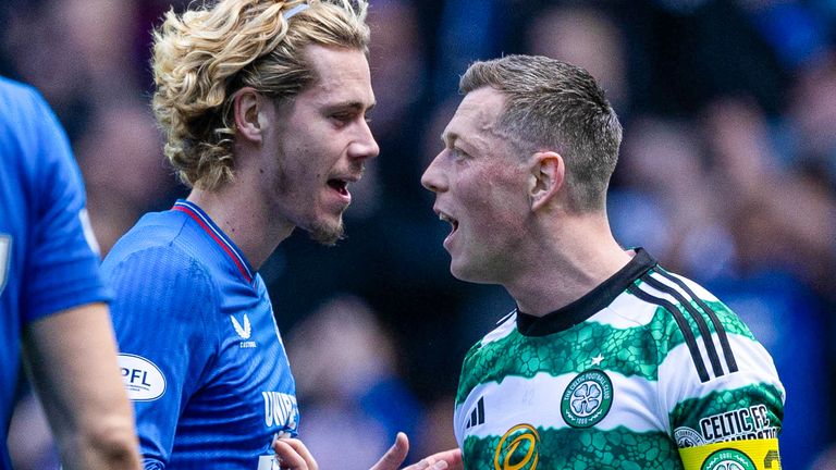Rangers' Todd Cantwell pushes Celtic's Callum McGregor exchange words at full time