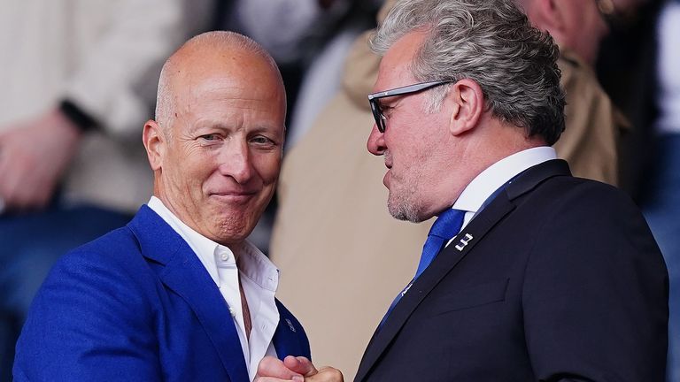Birmingham City chairman Tom Wagner (left) and CEO Garry Cook in the stands before the Sky Bet Championship match at St. Andrew's, Birmingham. Picture date: Saturday August 12, 2023.