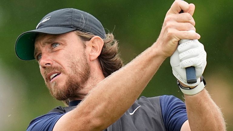 Tommy Fleetwood, of England, watches his tee shot on the second hole during the third round of the Texas Open golf tournament, Saturday, April 6, 2024, in San Antonio. (AP Photo/Eric Gay)