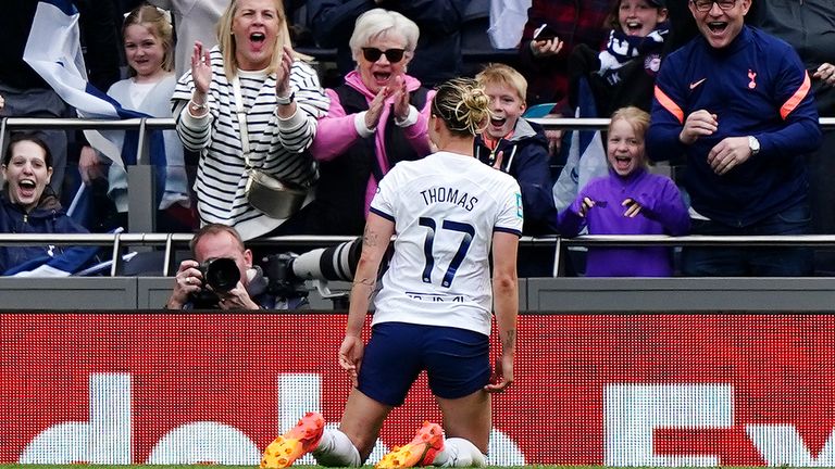 Martha Thomas celebrates her dramatic winner for Spurs