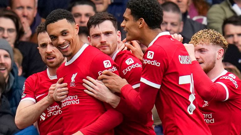 Liverpool's Trent Alexander-Arnold celebrates with team-mates after scoring (AP)