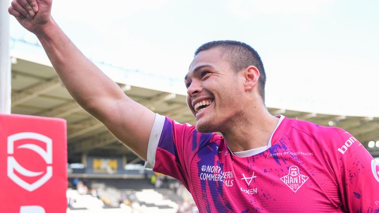 Picture by Olly Hassell/SWpix.com - 06/04/2024 - Rugby League - Betfred Super League Round 7 - Hull FC v Huddersfield Giants - MKM Stadium, Kingston upon Hull, England - Tui Lolohea of Huddersfield celebrates his teams victory over Hull FC