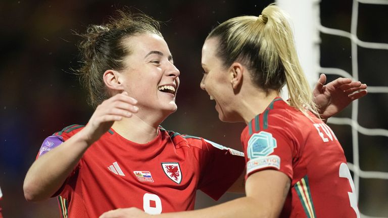 Wales� Angharad James (left) celebrates with team mate Gemma Evans scoring their side's fourth goal of the game during the UEFA Women's Euro 2025 qualifying round League B, Group B4 match at the SToK Cae Ras, Wrexham. Picture date: Friday April 5, 2024.