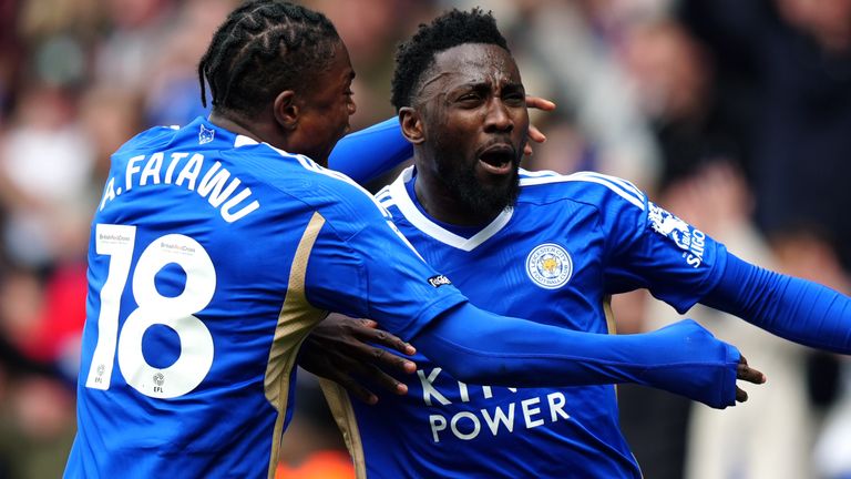 Leicester City's Wilfred Ndidi celebrates scoring the opening goal with Abdul Fatawu