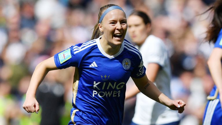 Jutta Rantala celebrates after giving Leicester the lead against Spurs