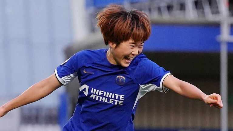 Maika Hamano celebrates after putting Chelsea 2-0 up against Aston Villa