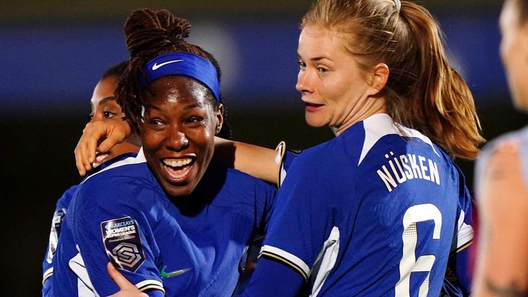 Kadeisha Buchanan celebrates after scoring Chelsea's third goal against Aston Villa