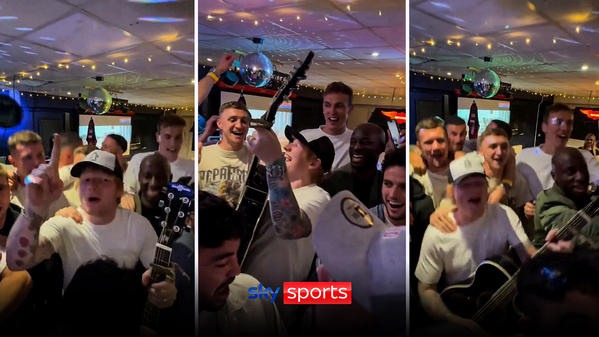 Superstar singer Ed Sheeran sings with the Ipswich Town players after their  Premier League promotion.