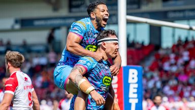 Kruise Leeming celebrates Tyler Dupree's try for Wigan in the win over Hull KR