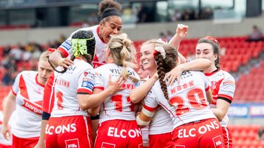 St Helens' players celebrate during their Women's Challenge Cup semi-final win over York