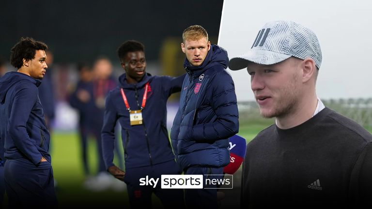 England's Conor Gallagher, Trent Alexander-Arnold, Bukayo Saka and goalkeeper Aaron Ramsdale inspect the pitch before the FIFA World Cup Qualifying match at the San Marino Stadium, Serravalle. Picture date: Monday November 15, 2021.
