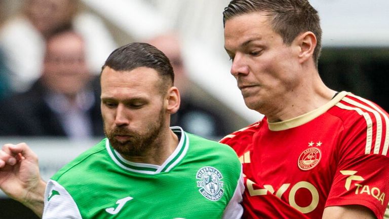 EDINBURGH, SCOTLAND - MAY 12: Aberdeen's Stefan Gartenmann and Hibernian's Martin Boyle in action during a cinch Premiership match between Hibernian and Aberdeen at Easter Road Stadium, on May 12, 2024, in Edinburgh, Scotland. (Photo by Mark Scates / SNS Group)