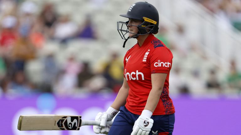 England's Alice Capsey walks after 5 runs during the first women's IT20 match at Edgbaston, Birmingham. Picture date: Saturday May 11, 2024.