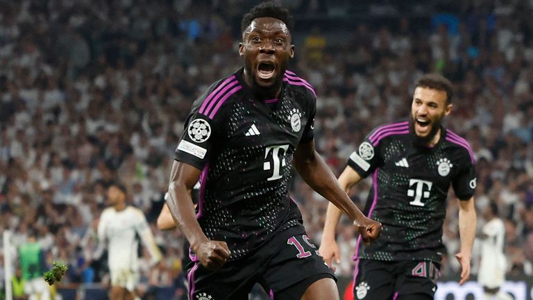 Alphonso Davies celebrates after giving Bayern Munich the lead with a spectacular goal against Real Madrid