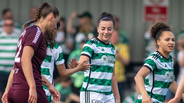 Amy Gallacher (centre) got Celtic's second against Hearts  (Credit: Colin Poultney/SWPL)
