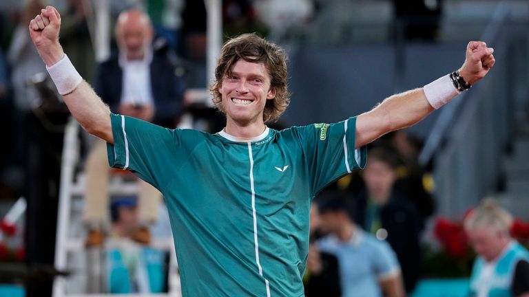 Andrey Rublev, of Russia, celebrates after winning the final match against Felix Auger-Aliassime, of Canada, at the Madrid Open tennis tournament in Madrid, Spain, Sunday, May 5, 2024. (AP Photo/Manu Fernandez)