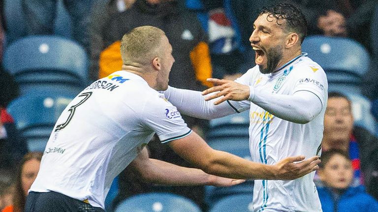 GLASGOW, SCOTLAND - MAY 14: Dundee's Antonio Portales celebrates with Owen Dodgson after scoring to make it 2-0 during a cinch Premiership match between Rangers and Dundee at Ibrox Stadium, on May 14, 2024, in Glasgow, Scotland.  (Photo by Alan Harvey / SNS Group)