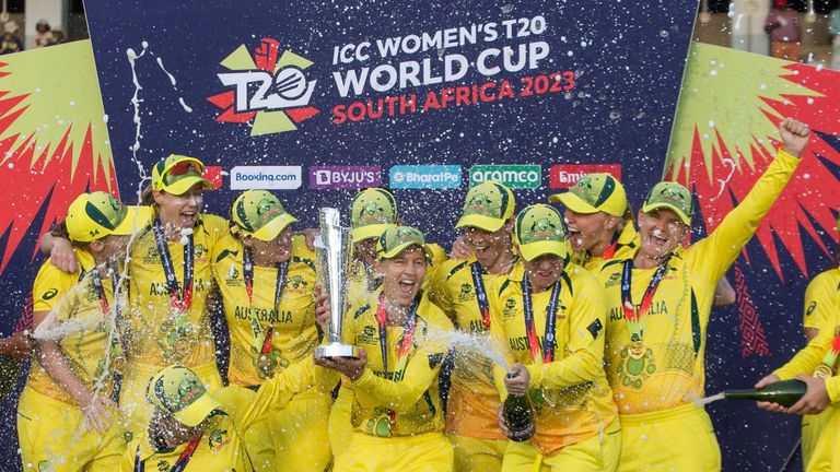 Australia players celebrate after winning the 2023 Women's T20 World Cup in South Africa (Associated Press)