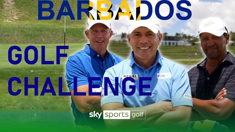 Michael Campbell, Adilson da Silva and James Kingston take on the skimming golf challenge, at the Apes Hill. course in Barbados,  after five attempts each nearest to the hole wins. 