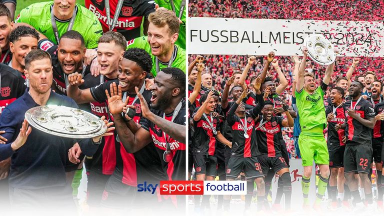 Bayer Leverkusen celebrate with the Bundesliga trophy after winning their final league game 2-1 making them unbeaten this season! 