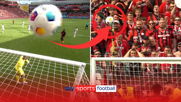 Bayern Leverkusen forward Jonas Hofmann hits the camera that overhangs behind Augsburg&#39;s goal with a long range strike from 25 yards out thumb 