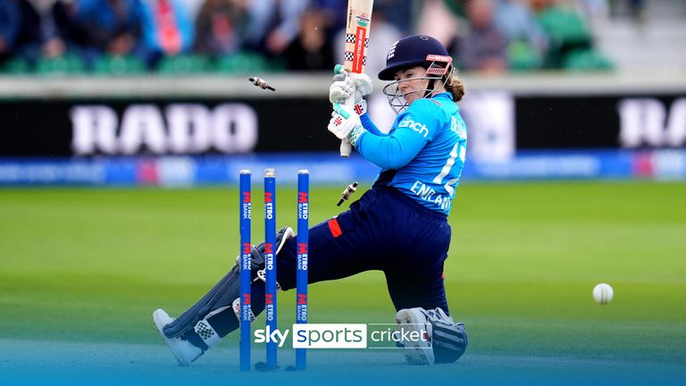 England's Tammy Beaumont is bowled by Pakistan's Fatima Sana