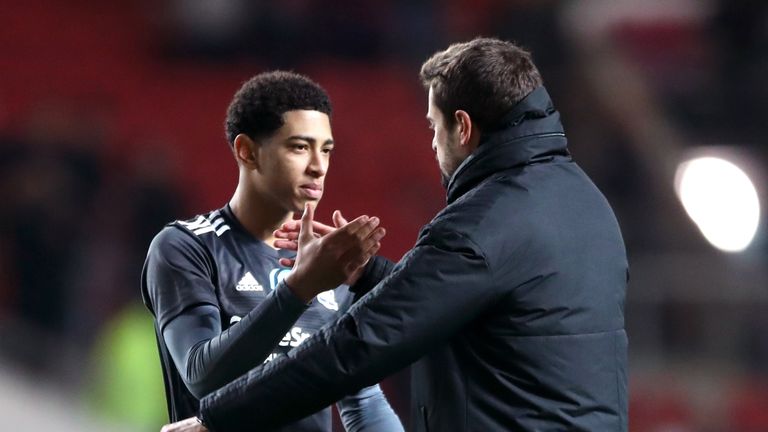 Birmingham City's Jude Bellingham (left) greets manager Pep Clotet after the final whistle during the Sky Bet Championship match at Ashton Gate, Bristol.
