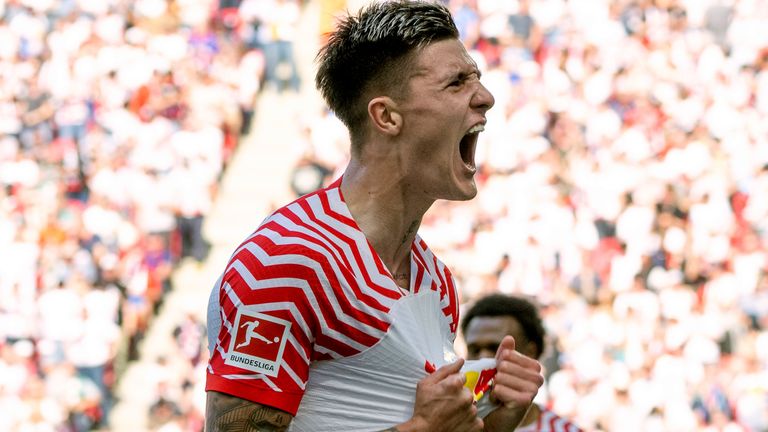 RB Leipzig's Benjamin Sesko scores his team's first goal during the German Bundesliga football match between RB Leipzig and Werder Bremen on Saturday, May 11, 2024 in Leipzig, Germany. Celebrating after a goal.