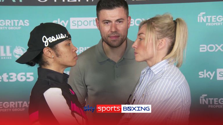 Lauren Price had an icy stare off with Jessica McCaskill as she challenges the American for her WBA, WBC and IBO welterweight titles.