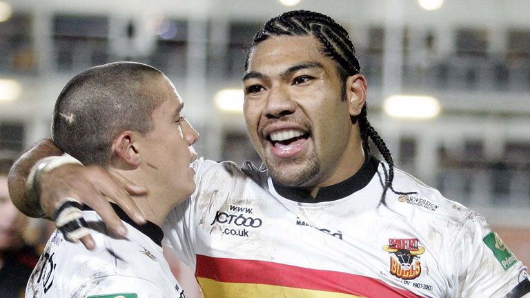 Bulls Lesley Vainikolo celebrates his first try with Paul Deacon