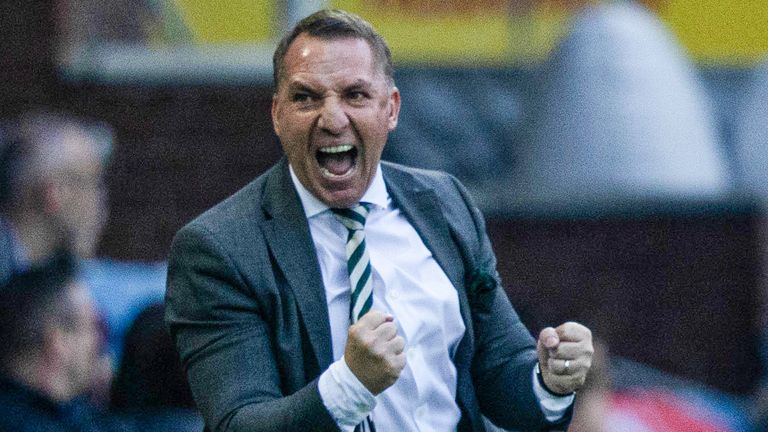 KILMARNOCK, SCOTLAND - MAY 15: Celtic Manager Brendan Rodgers celebrates during a cinch Premiership match between Kilmarnock and Celtic at Rugby Park, on May 15, 2024, in Glasgow, Scotland. (Photo by Craig Foy / SNS Group)