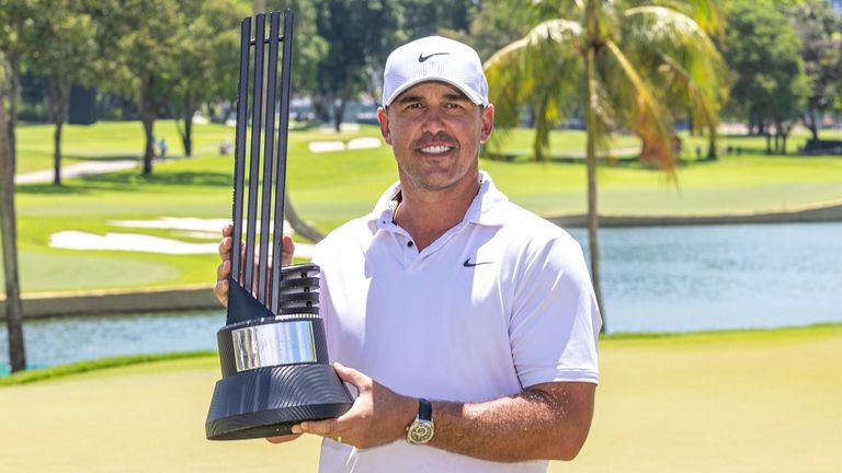Individual Champion Captain Brooks Koepka of Smash GC poses with the trophy after the final round of LIV Golf Singapore at Sentosa Golf Club on Sunday, May 05, 2024 in Sentosa, Singapore. (Photo by Jon Ferrey/LIV Golf via AP)