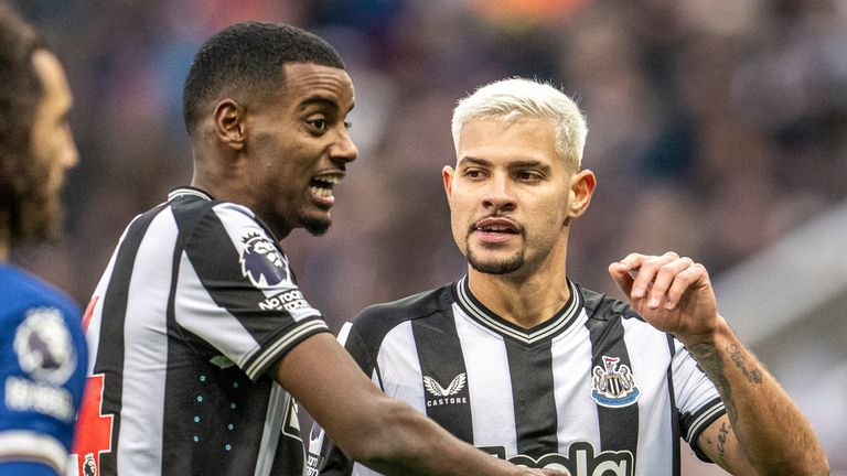NEWCASTLE UPON TYNE, ENGLAND - NOVEMBER 25: Alexander Isak of Newcastle United speaks to Bruno Guimar..es of Newcastle United during the Premier League match between Newcastle United and Chelsea FC at St. James Park on November 25, 2023 in Newcastle upon Tyne, England. (Photo by Richard Callis/MB Media/Getty Images)