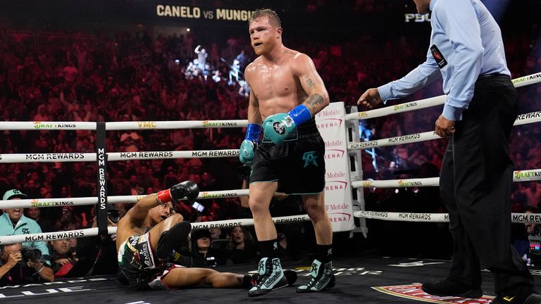 Canelo Alvarez knocks down Jaime Munguia in a super middleweight title fight Saturday, May 4, 2024, in Las Vegas. (AP Photo/John Locher)