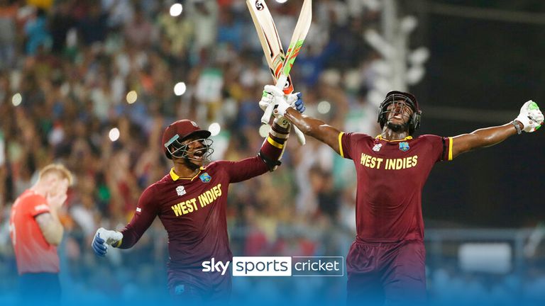 West Indies Carlos Brathwaite, right, celebrates with teammate Marlon Samuels after they defeated in England in the final of the ICC World Twenty20 2016 cricket tournament at Eden Gardens in Kolkata, India, Sunday, April 3, 2016. (AP Photo/Saurabh Das)