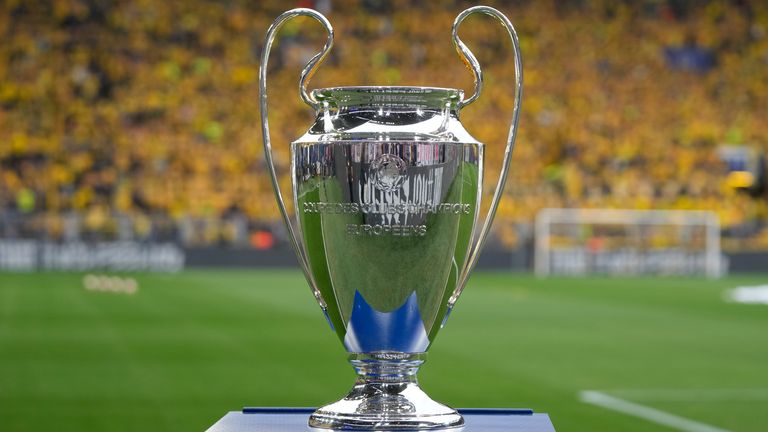 The trophy is displayed before the Champions League semifinal first leg soccer match between Borussia Dortmund and Paris Saint-Germain at the Signal-Iduna Park stadium in Dortmund, Germany, Wednesday, May 1, 2024. (AP Photo/Matthias Schrader)