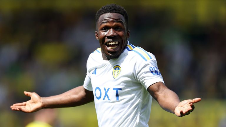 Wilfried Gnonto appeals a decision during Leeds United's Championship playoff against Norwich