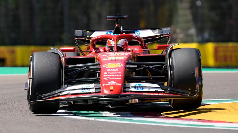 Ferrari driver Charles Leclerc of Monaco steers his car during the first free practice at the Dino and Enzo Ferrari racetrack in Imola, Italy, Friday, April 17, 2024. The Italy's Emilia Romagna Formula One Grand Prix will be held on Sunday. (AP Photo/Antonio Calanni)