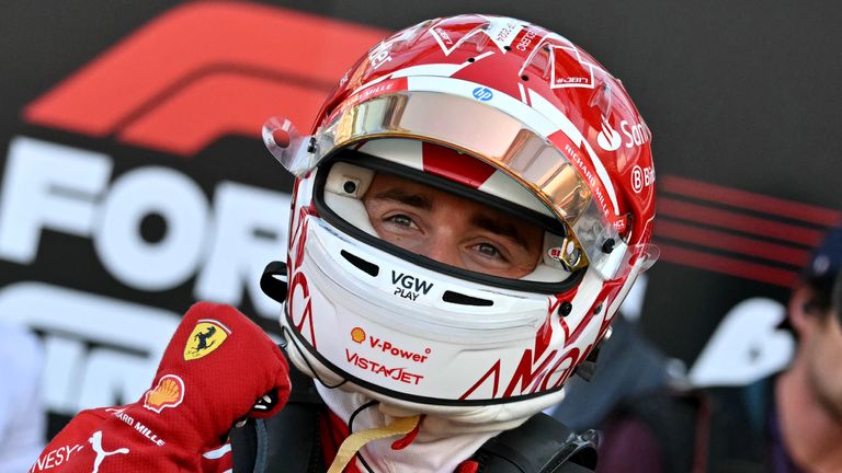 Ferrari's Monegasque driver Charles Leclerc celebrates after winning the qualifying session of the Formula One Monaco Grand Prix on May 25 2024 at the Circuit de Monaco, on the eve of the race. (Photo by ANDREJ ISAKOVIC / AFP)