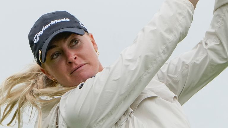 Charley Hull, of England, hits off the ninth tee during the first round of the Mizuho Americas Open golf tournament, Thursday, May 16, 2024, in Jersey City, N.J. (AP Photo/Seth Wenig)