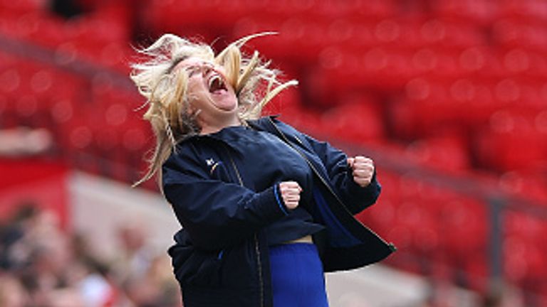 MANCHESTER, ENGLAND - MAY 18: Emma Hayes the head coach / manager of Chelsea Women celebrates during the Barclays Women's Super League match between Manchester United and Chelsea FC  at Old Trafford on May 18, 2024 in Manchester, England.(Photo by Robbie Jay Barratt - AMA/Getty Images)