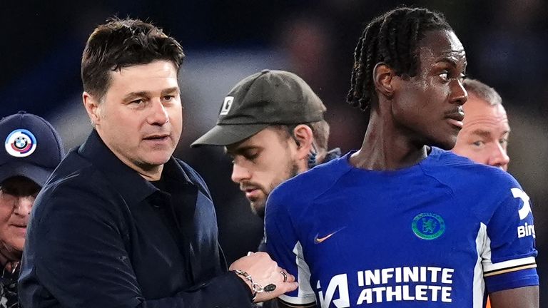 Chelsea manager Mauricio Pochettino and Trevoh Chalobah after the Premier League match at Stamford Bridge, London. Picture date: Thursday May 2, 2024.