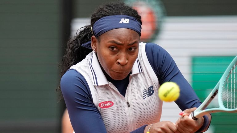 Coco Gauff of the U.S. plays a shot against Ukraine's Dayana Yastremska during their third round match of the French Open tennis tournament at the Roland Garros stadium in Paris, Friday, May 31, 2024. (AP Photo/Christophe Ena)
