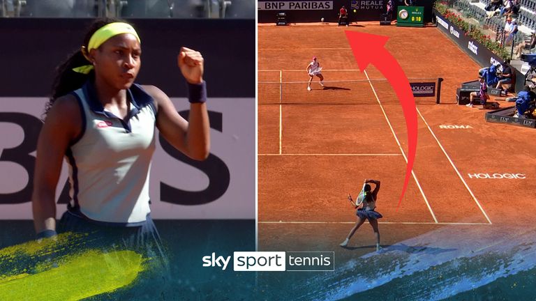 Coco Gauff plays an incredible lob against Iga Swiatek to win the second game of the match in Rome. 