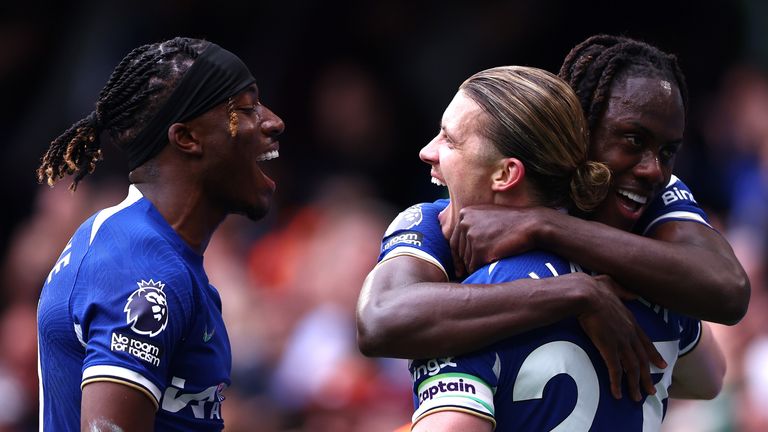 Conor Gallagher celebrates with team-mates after doubling Chelsea's lead