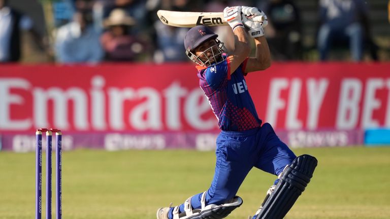 Nepal batsman Bahim Sharik in action during their ICC Men&#39;s Cricket World Cup Qualifier match against US at Takashinga Sports Club in Harare, Zimbabwe