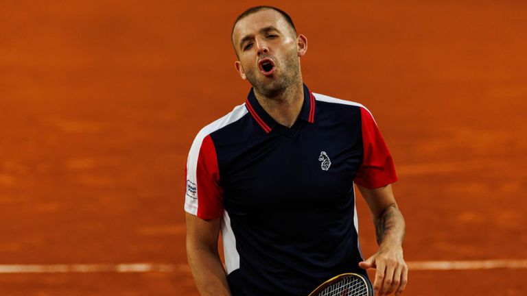 Dan Evans of Great Britain looks frustrated during his match against Holger Rune of Denmark in the first round at Roland Garros on May 28, 2024 in Paris, France. (Photo by Frey/TPN/Getty Images)