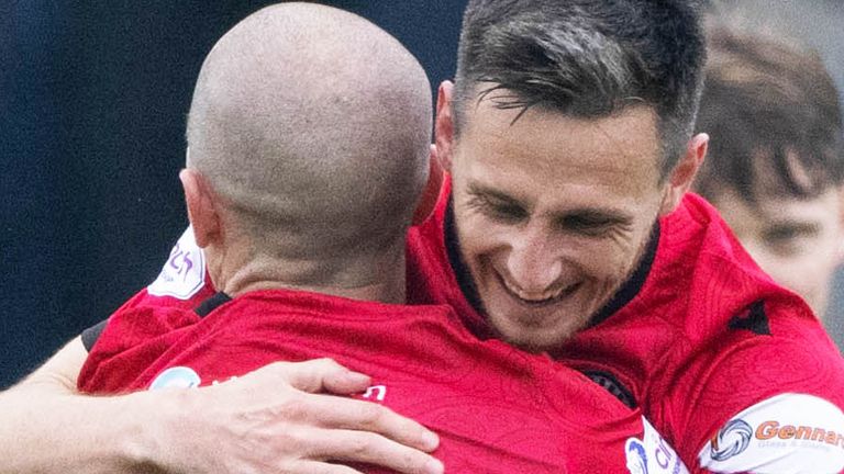 DUNDEE, SCOTLAND - MAY 04: St Mirren...s Scott Tanser celebrates with Alex Gogic after scoring to make it 2-0  during a cinch Premiership match between Dundee and St Mirren at the Scot Foam Stadium Dens Park, on May 04, 2024, in Dundee, Scotland. (Photo by Paul Devlin / SNS Group)